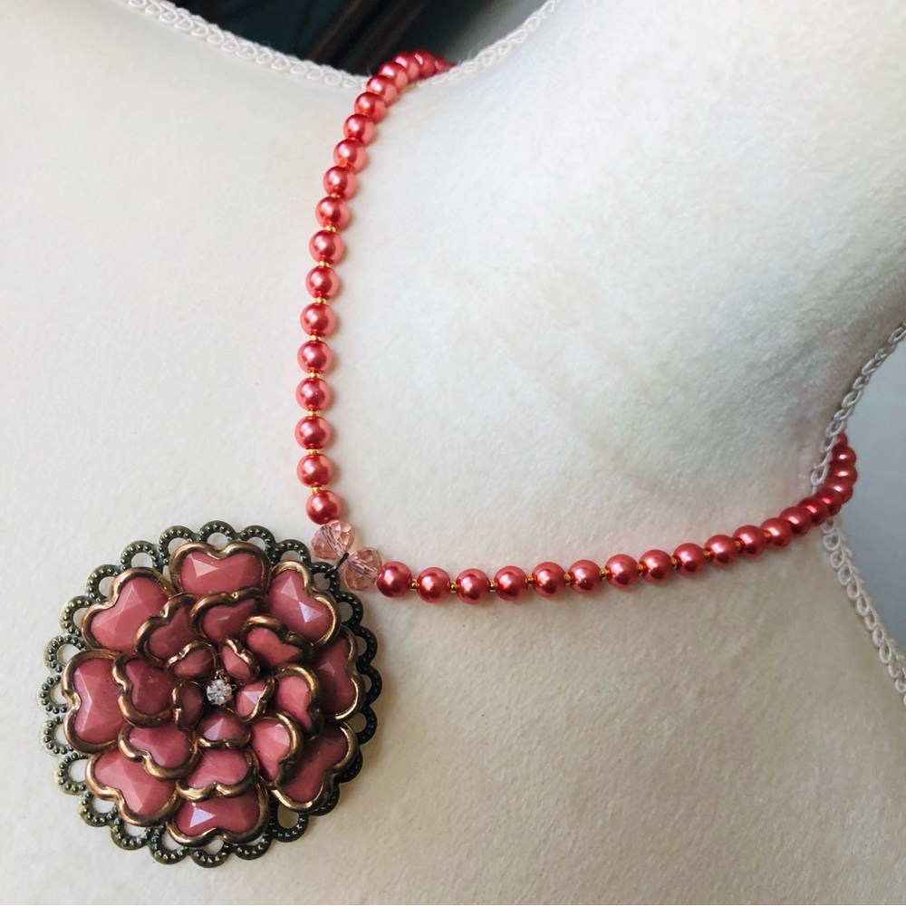 Handcrafted repurpose rose floral cluster pendant Czech glass Pearl necklace